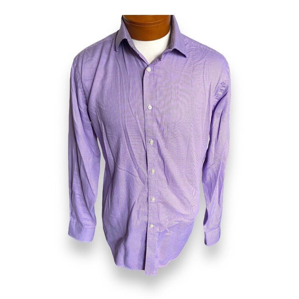 Jack Stone by Thomas Dean‎ Mens Shirt Sz L Lavender Houndstooth Plaid Flip Cuff